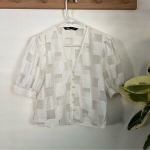 Zara sheer white checkered blouse puff short sleeves button Korean bojagi s
